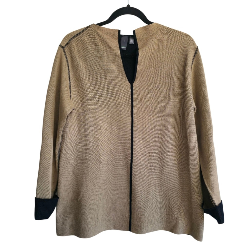 Shannon Passero Open Front Tunic Sweater Oversized Small Tan Black Trim Sz S